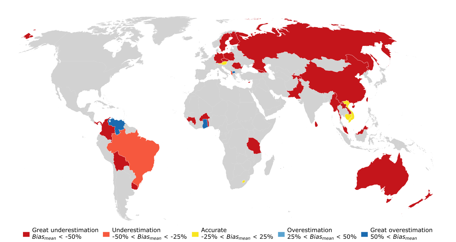 按国家汇总的平均人口偏差地图